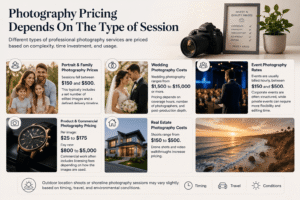 photography pricing depends on the type of session