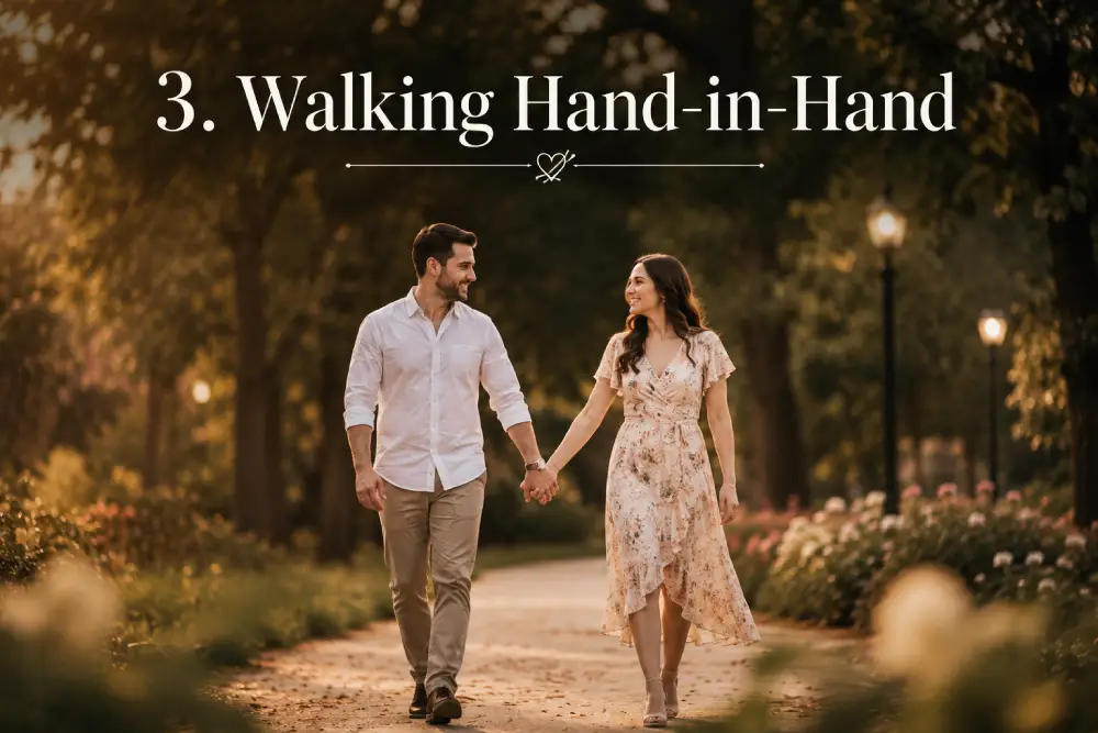 Natural engagement photo pose with couple walking together and smiling Natural engagement photo pose with couple walking together and smiling